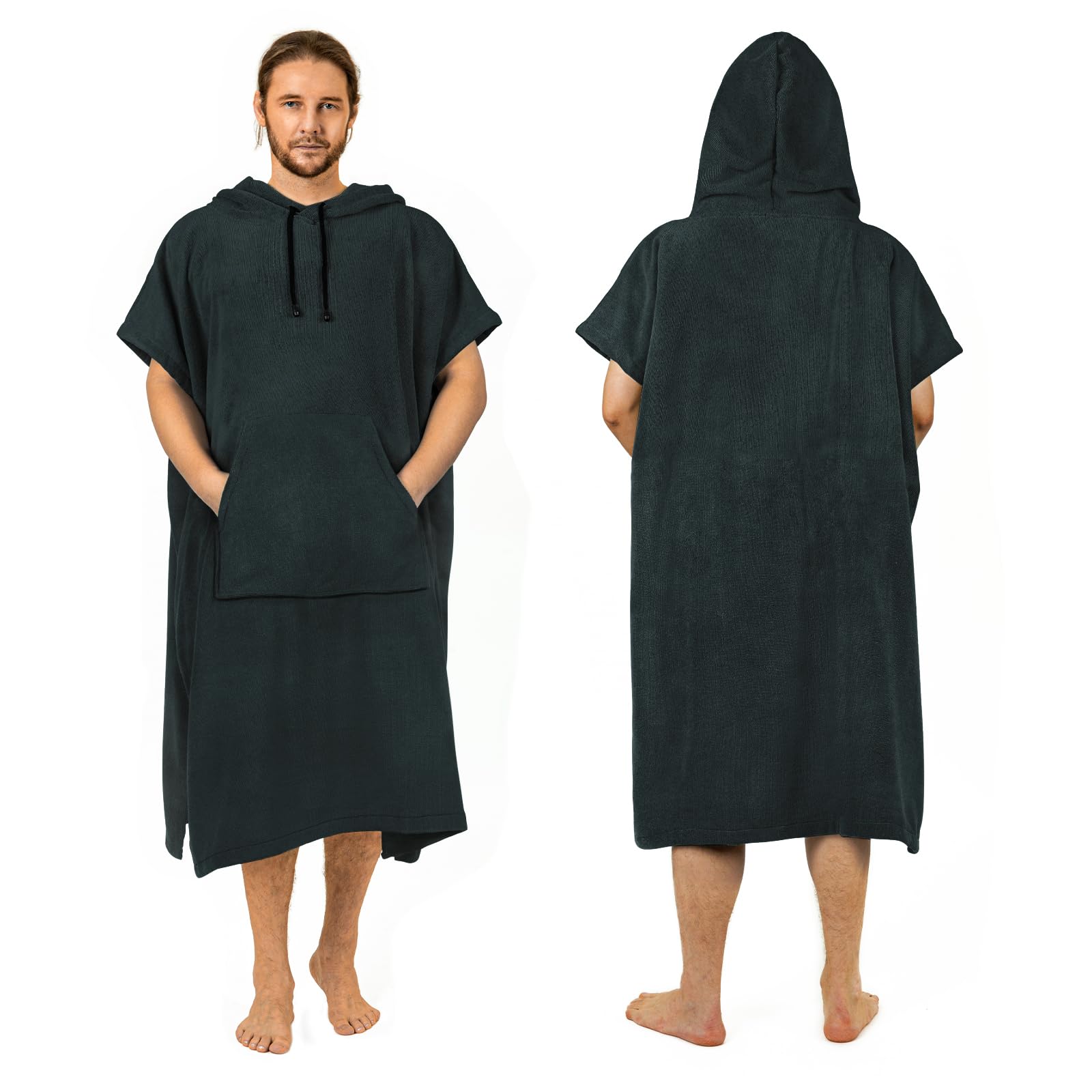Surf Poncho Changing Robe for Men Women Black 47"x37" Thick Hood Pocket Beach Towel