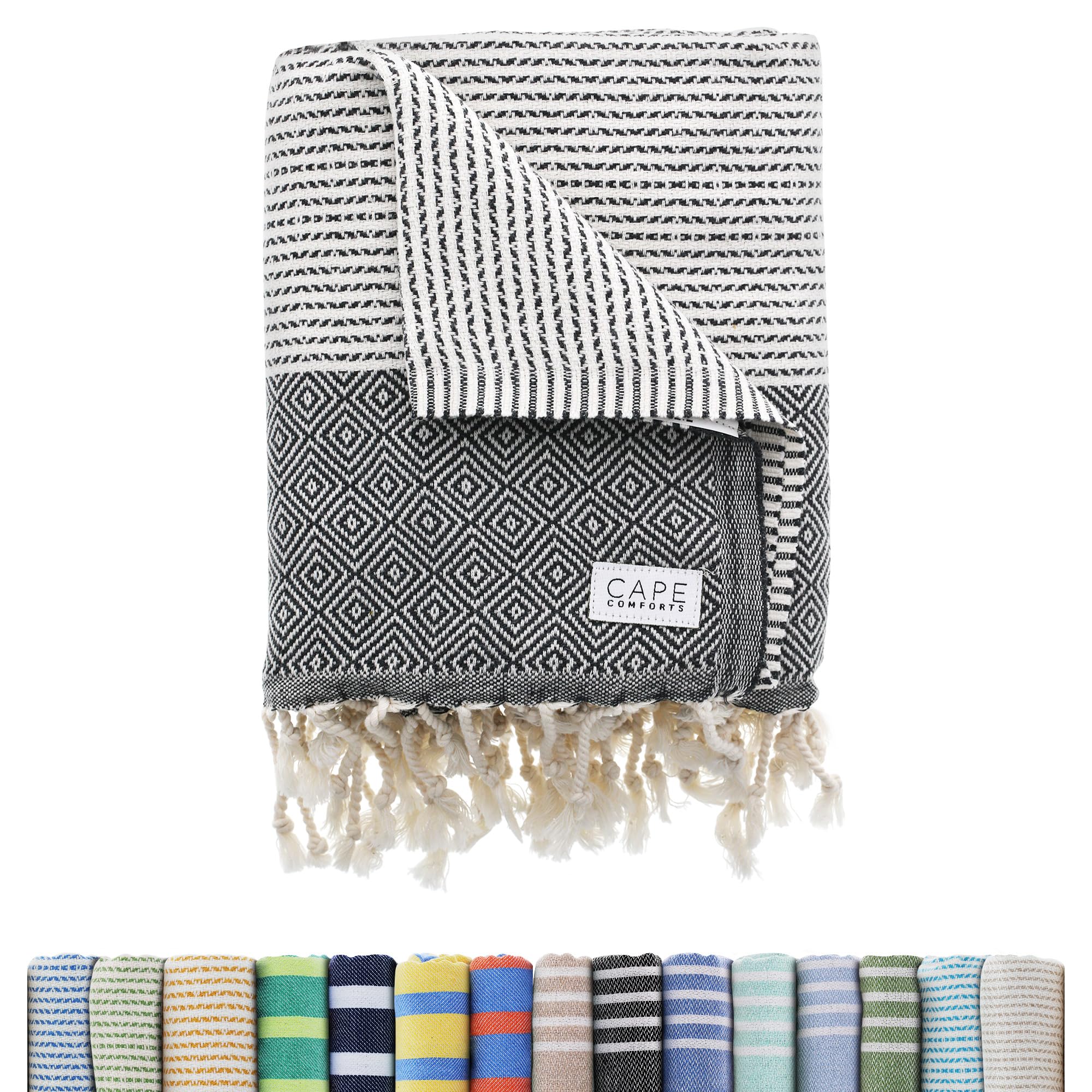 Oversized Turkish Beach Towel, Diamond Dobby Charcoal - 37'' x 67'' | Super Soft & Lightweight, Quick Dry Travel Towel f